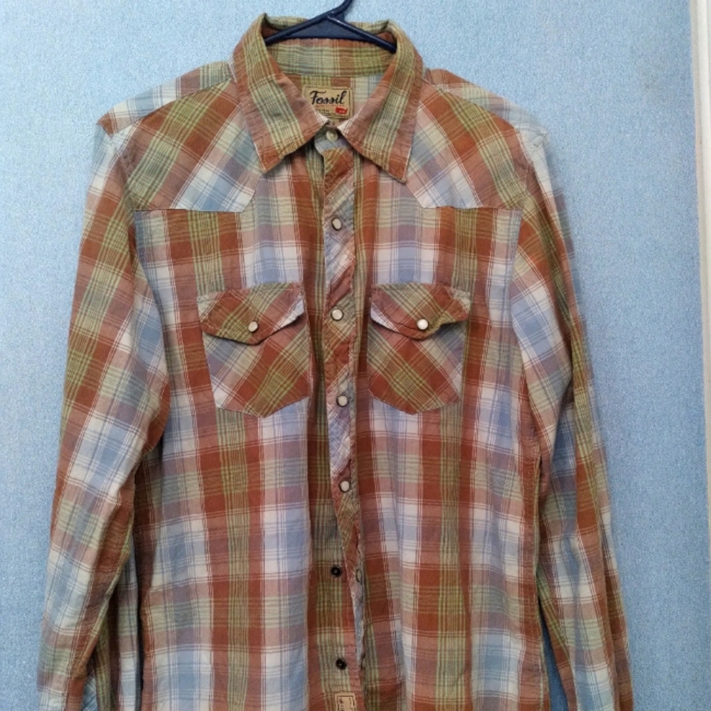 Fossil Western Plaid Shirt Long Sleeve Snap Button Pockets Brown Blue Size ?